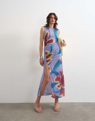 Topshop Vestito lungo arricciato viola in rete a fiori