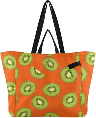 Generic Tropical Kiwi Fruit Orange print Reusable Canvas Tote Bag, Heavy Duty Grocery Shopping Bag with Hard Bottom Large Capacity Double Handles Work Groceri