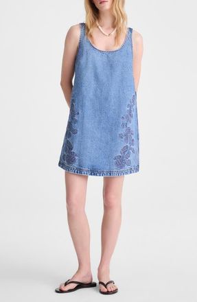 Madewell Embroidered Sleeveless Denim Minidress in Worn Mid Indigo at Nordstrom, Size Xx-Small