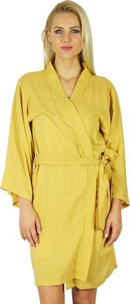 Bimba Women Short Solid Belt Robe Soft Modal Cotton Wrap Round Plain Bath Robe Yellow