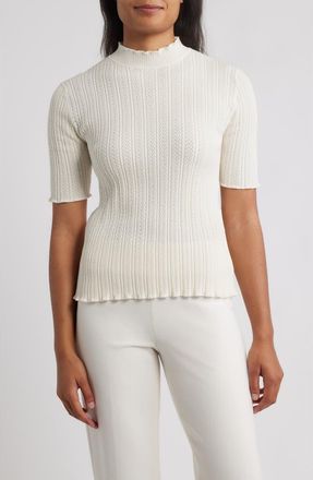 Anne Klein Mock Neck Short Sleeve Cotton Blend Sweater in Creamy White at Nordstrom, Size X-Small P