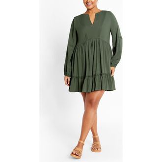 City Chic Mira Long Sleeve Tiered Minidress in Khaki at Nordstrom, Size Xxs