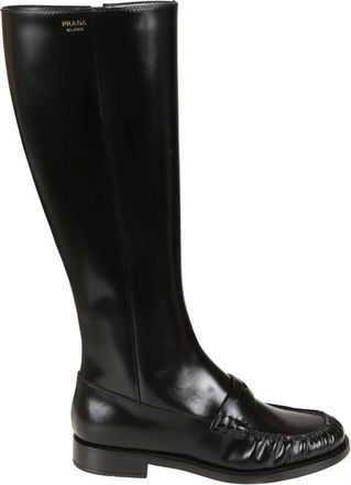 Prada Schoenen, Dames, Zwart, 36 EU, Leer, Loaferlaarzen van geborsteld leer