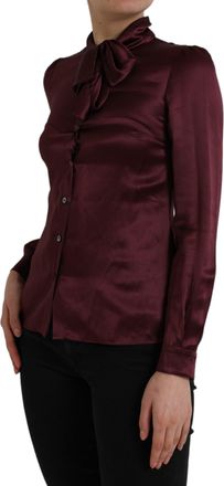 Dolce & Gabbana Womens Maroon Ascot Collar Long Sleeve Top Blouse Silk