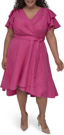 DKNY Flutter Sleeve Faux Wrap Midi Dress in Vivid Pink at Nordstrom Rack, Size 16W