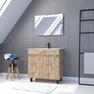 Aurlane Aurlane - Mueble De Ba&ntilde;o 80x80 -acabado Roble - Lavabo Blanco+ Espejo Led- Timber 80 - Pack26