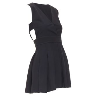 FAUSTO PUGLISI black crepe multi pleated cut out V neck mini dress IT38 XS