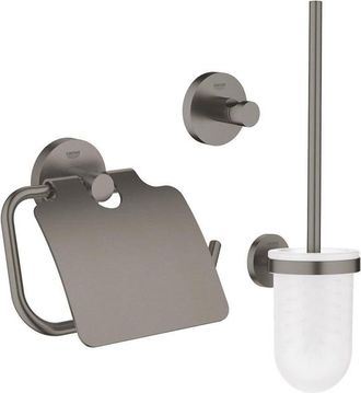 GROHE Essentials Toilet accessoireset 3-delig met toiletborstelhouder, handdoekhaak en toiletrolhouder met klep brushed hard graphite