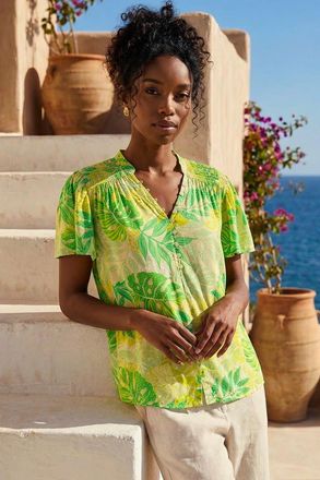 Roman Leaf Print Shirred V-Neck Top