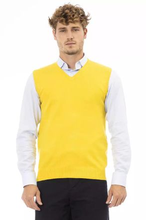 Alpha Studio Mens Vneck Sweater Vest Yellow - Gold Cotton - Size EU 48 (Mens)