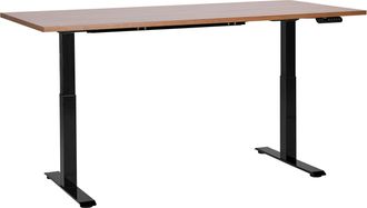 Beliani Escritorio De Altura Regulable El&eacute;ctrico Oficina Moderna Patas Cuadradas 180 X 80 Cm Tablero Madera Oscura Soporte De Acero Negro Destines