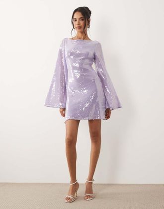 Asos Vestito corto lilla con paillettes e maniche a cascata-Viola