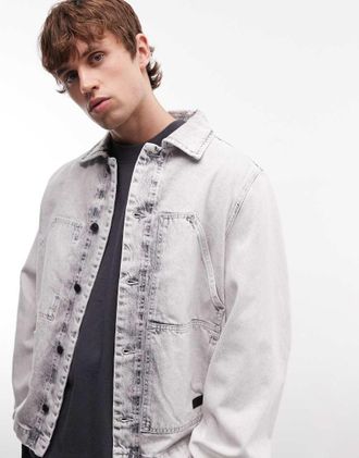 AllSaints Mukesh - Camicia giacca in denim grigio candeggiato con bottoni