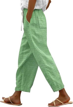 Generic Linen Pants Women Drawstring Elastic High Waist Capri Pants Wide Leg Comfy Beach Loose Fit Crop Trousers with Pockets Green X-Large