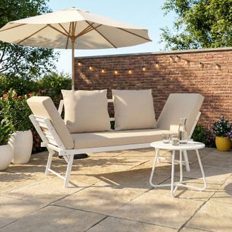 IDMarket Sof&aacute; De Jard&iacute;n, Banco Convertible De 2/3 Plazas Nola Con Reposabrazos Reclinables De Metal Blanco Y Cojines Beige
