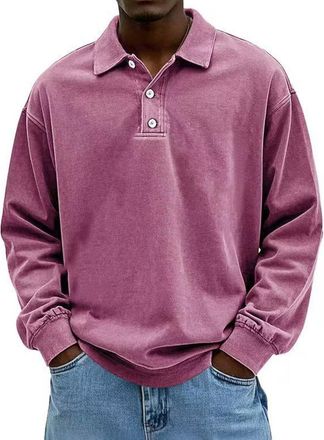 Generic Mens Knitted Polo Collar Shirt Jumper Soft Long Sleeve Loose Fit Pullover Versatile Solid Colour Knitwear for Smart Casual Office Wear Fleece Sweatshi