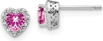 Diamond2Deal 14k White Gold 1/10 Ct Lab Grown Diamond and Heart Lab Created Pink Sapphire Stud Earrings