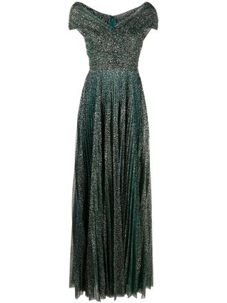 Talbot Runhof beaded off-shoulder voile gown - Green