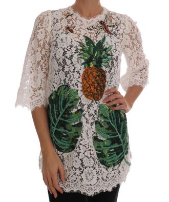 Dolce & Gabbana Witte Kristal Versierde Kant Blouse