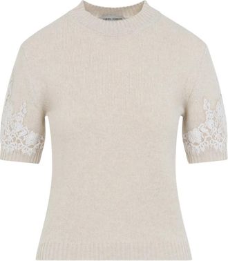 Alberta Ferretti Gebreid T-shirt - Dames - Ronde hals truien - Beige - XS - Wol - Truien & Vesten