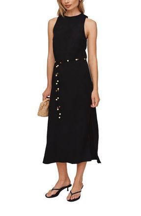 Bella Dahl Beaded Tie Belt Bias Cut Linen Blend Midi Dress in Black at Nordstrom, Size X-Small