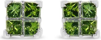 House of Brilliance 925 Sterling Silver Treated Green Princess-cut Diamond 4 Stone Composite Quad Stud Earring
