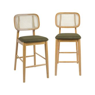 Sweeek Taburete de bar de madera de hevea con rejilla y tela, set de 2