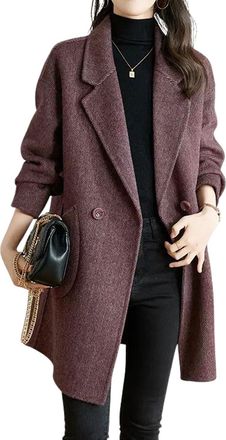 Generic Womens Notch Lapel Herringbone Wool Coat Formal Office Work Double Breasted Winter Pea Coat (Purple,XL)