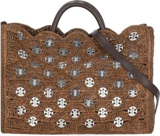 Paco Rabanne Brown Woven Metal Disc Raffia Large Tote Bag