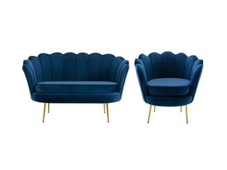 Pascal Morabito Conjunto sofá de 2 plazas y sillón de terciopelo azul noche DANDELION