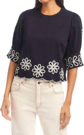 Karen Kane Tesni Three Quarter Sleeve Embroidered Scallop Top In Black And Cream
