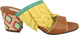 Ferragamo Axis Leather Feather Trim Mules