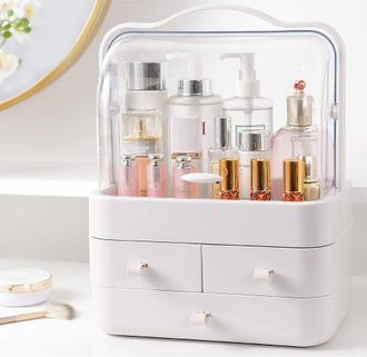 OEM Organizador De Maquillaje Giratorio De 180&deg;, Caja De Almacenamiento A Prueba De Polvo Con Tapa Y Asa, Blanco