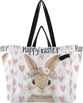 Generic Rabbit Heart White pattern Reusable Canvas Tote Bag, Heavy Duty Grocery Shopping Bag with Hard Bottom Large Capacity Double Handles Work Groceries Tra