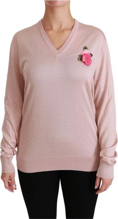Dolce & Gabbana Zijden trui met lange mouwen en bloemversiering - Dames - V-hals truien - Roze - XL - Truien & Vesten