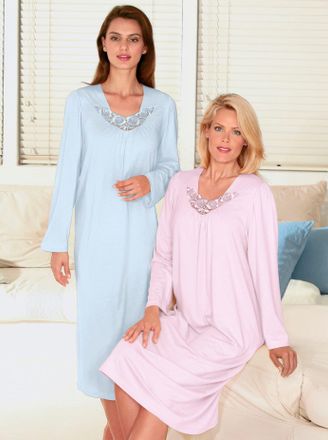 Ascafa Nachthemd ASCAFA Langarm-Nachthemden, Damen, Gr. 36/38, Lang, bunt (hellblau, ros&eacute;), 100% Baumwolle, unifarben, Kleider Nachthemd
