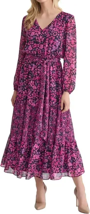 Kasper Long Sleeve V-Neck Printed Maxi Dress In Multi Floral