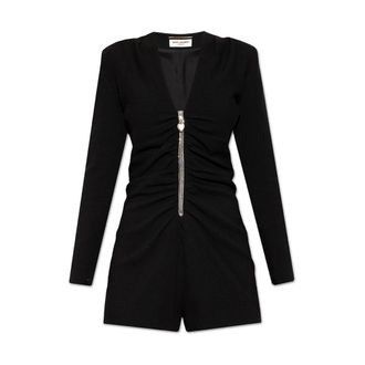 Saint Laurent Playsuits, female, Black, 2XS, Black Silk V-Neck Jumpsuit with Crystal Zip