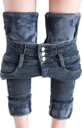 Generic Fleece Lined Jeans Women High Waisted Skinny Winter Pants, Tight-Fitting Pencil Jeans with Thick Fleece (UK, Alpha, XXL, Regular, Regular, Dark Blue)