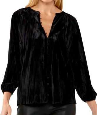Lovestitch Velvet Button Front V Neck Blouse In Black