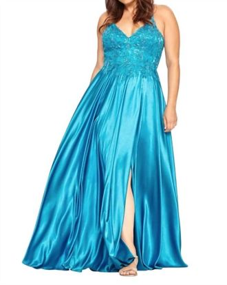Faviana Applique Bodice Gown In Teal