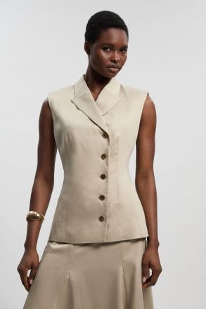 Karen Millen Womens Tailored Linen Corset Back Detail Button Front Waistcoat - Beige Lyocell - Size 14 UK