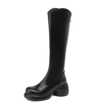 Generic Womens Retro Round Toe Knee High PU Leather Boots Thick Chunky Platform Block Heels Side Zip Solid Color Stylish Durable Design,Black,5.5 UK