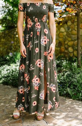 Apricot Poppy & Daisy Floral Maxi In Olive