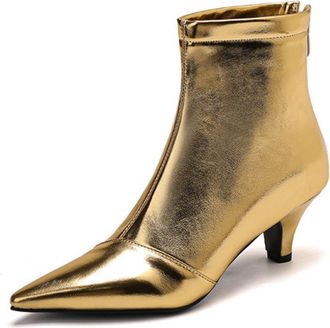 Generic Womens Shiny Metallic Pointed Toe Ankle Boots Mid Heels Zipper Closure PU Leather Party Night Out Cocktail Daily Shoes,Gold,3.5 UK