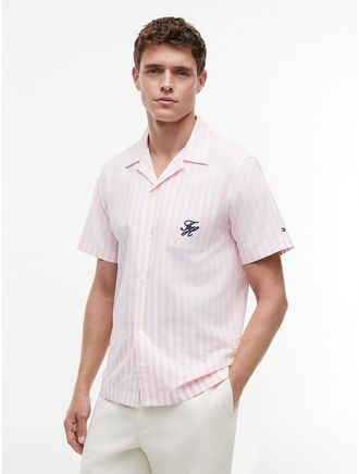 Tommy Hilfiger Mens Striped Paper-Touch Camp Shirt - Pink - XXL