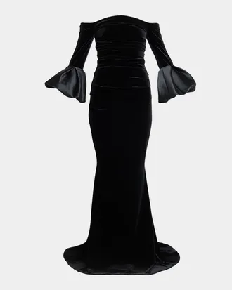 Talbot Runhof Ruffle Long-Sleeve Stretch Velvet Off-The-Shoulder Gown