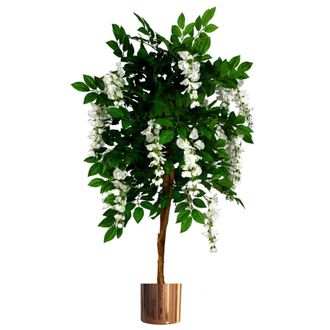 Leaf Artificial Wisteria Tree 130cm Luxury Wisteria 130cm Trunk Copper Metal Planter in Green