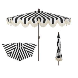Jonathan Y Designs Beverly 9 ft. Designer Classic Scalloped Fringe Half Market Patio Umbrella with Crank, Push Button Tilt and UV Protection in Black/white