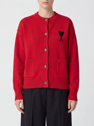 Ami Red Wool Crewneck Cardigan with Contrasting Embroidered Logo